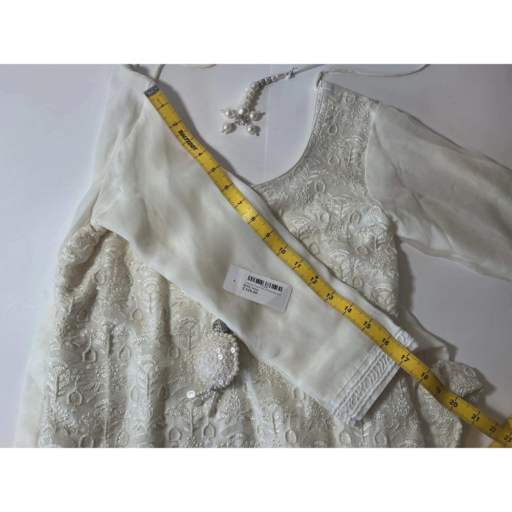 Ivory Chikankari Embroidered Kurta Tunic with Sequin Accents and Pearl Tassels - Picture 6 of 8